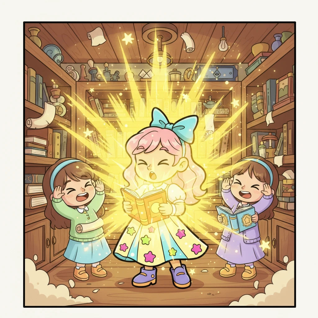 Дарын кітаптың алтын түсті мұқабасын ашқан сәтте, кабинетті жарқыраған сары сәуле басып кетті. Барлығы таңданыстан көздерін жұмып қалды. Бөлме жарқын энергияға толып, сиқырлы өзгерістің басталғанын білдірді.