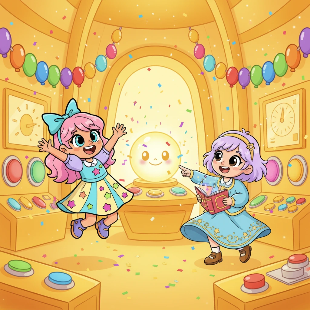 Көздерін қайта ашқанда, олар өздерін таңғажайып «Қуаныш патшалығында» тапты. Айналаның бәрі сап-сары, жарқыраған түсті, қабырғаларда түрлі-түсті шарлар тізіліп тұр. Бұл жер «Ой-жұмбақ» мультфильміндегі басқару орталығына ұқсайды.