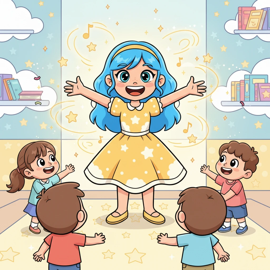 Олардың алдынан көгілдір шашты, сары көйлекті, жарқын жүзді Қуаныш шықты. Ол балаларды қуана құшақ жая қарсы алып, «Қуаныш әлеміне қош келдіңіздер!» деп сәлемдесті. Қуаныштың күлкісі бөлмені одан әрі нұрландырды.