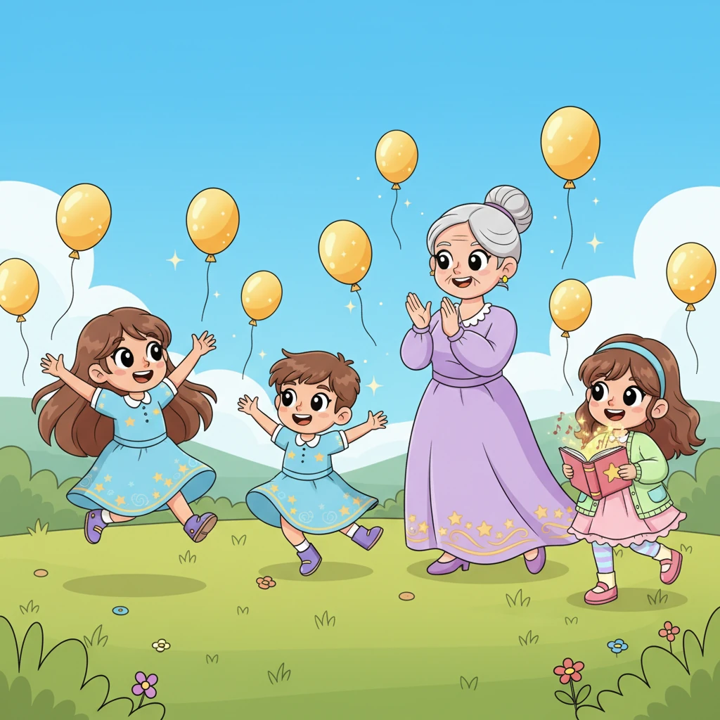 Балалар мен Марсияна апай Қуанышпен бірге алтын түсті шарлармен ойнап, көңілді биледі. Олардың барлығының көңіл-күйлері көтеріліп, қуаныш пен бақыт сезіміне бөленді. Бұл сәт олар үшін ұмытылмас болды.