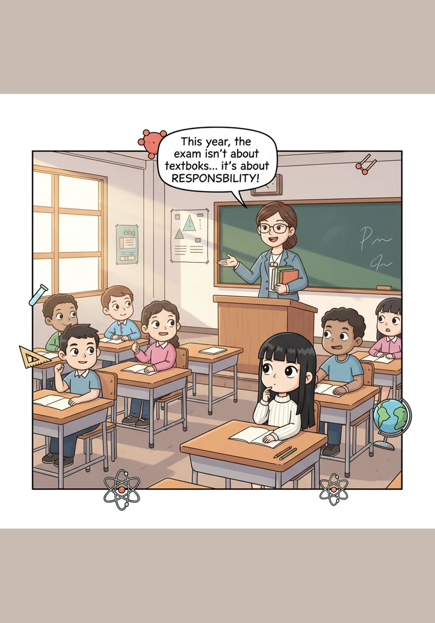 郭老师在讲台上宣布了一项特殊的“责任”考试，每个同学都领到了一颗洁白脆弱的生鸡蛋。李责责紧张地盯着桌上的蛋，仿佛那是一个随时会爆炸的小地雷，而李任任已经拿起了彩色笔准备装饰它。