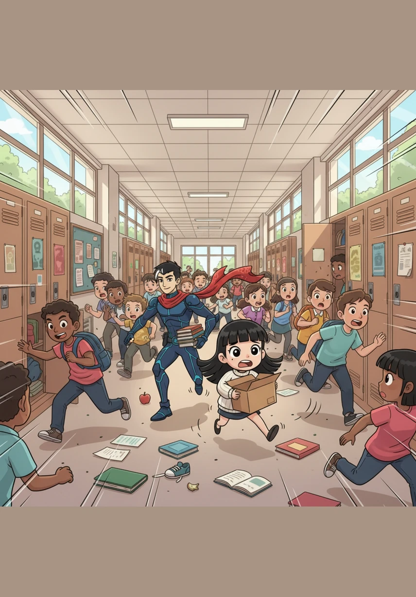 下课铃响了，走廊变成了热闹的“战场”，调皮的小明踢着足球横冲直撞。眼看球就要像导弹一样砸中口袋，李责责大喊一声“为了责任”，使出一个华丽的地板滑行躲了过去。