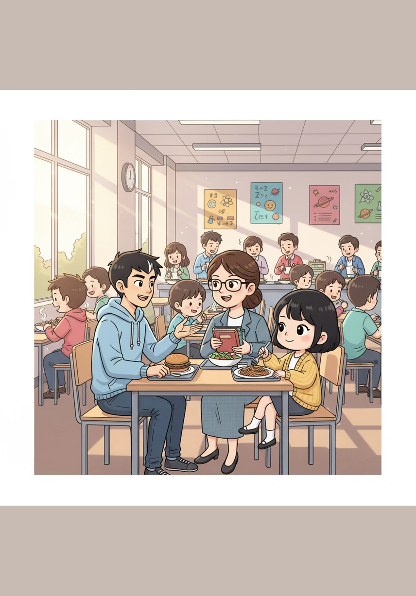 午餐时间的食堂香气扑鼻，到处都是排队买炸鸡腿的学生。李责责和李任任端着沉重的托盘在人群中艰难穿梭，空气中弥漫着紧张的气氛，生怕被路过的同学撞到。