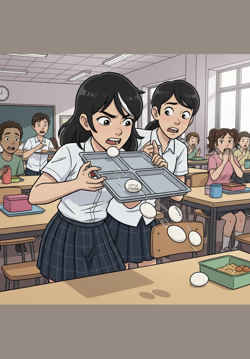 突然，一个同学不小心撞到了李任任，她手中的托盘猛地倾斜，鸡蛋“小强”顺着边缘滑向地面。在这千钧一发之际，李责责反应极快地用下巴顶住托盘，试图稳住重心。