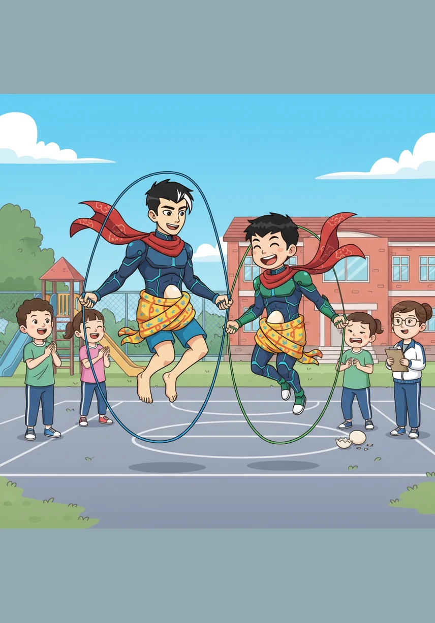 体育课的跳绳挑战成了最大的难关，郭老师要求大家带着蛋一起跳。李责责和李任任想出了一个妙招，用鲜艳的领巾把鸡蛋像袋鼠宝宝一样紧紧缠在肚子上，动作滑稽却充满保护欲。