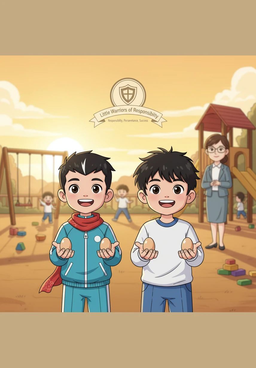 放学前，当李责责和李任任自豪地摊开手掌，两颗完好的鸡蛋在夕阳下闪闪发光。他们不仅赢得了“责任小勇士”勋章，更明白了一个道理：责任就是认真对待每一件小事，哪怕困难重重也要坚持到底。