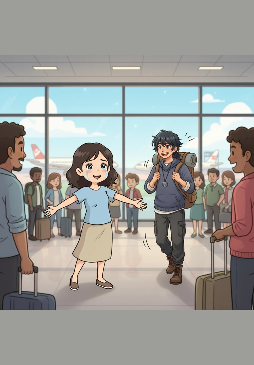 Hana stood at the airport gate, her breath catching as she watched the evening sky turn a soft, radiant shade of pink. The air was thick with anticipation as the arrivals board flickered with the flight she had been waiting for.