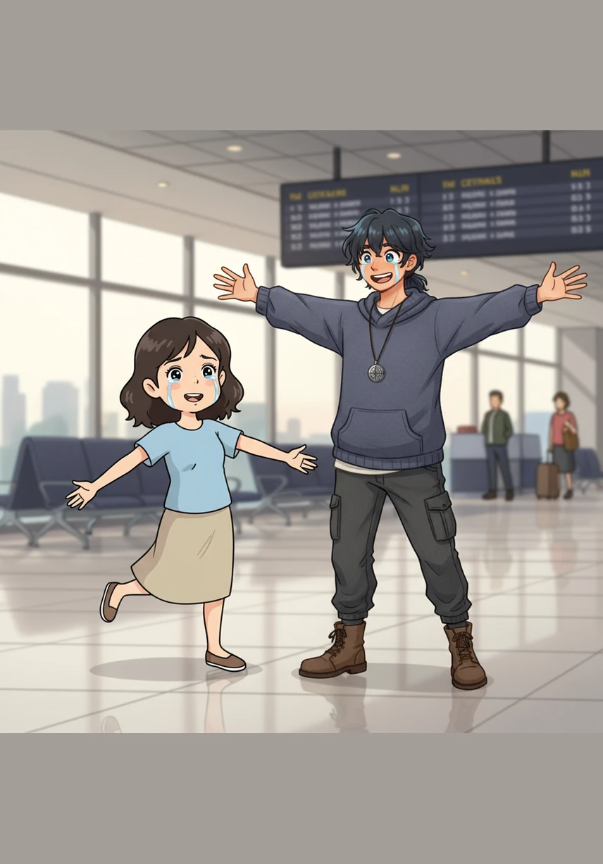 As Kaito stepped into the terminal, their eyes met for the first time in the real world, and everything else faded away. They ran into each other's arms, holding on tight under the twilight glow, knowing they would never have to say goodbye again.