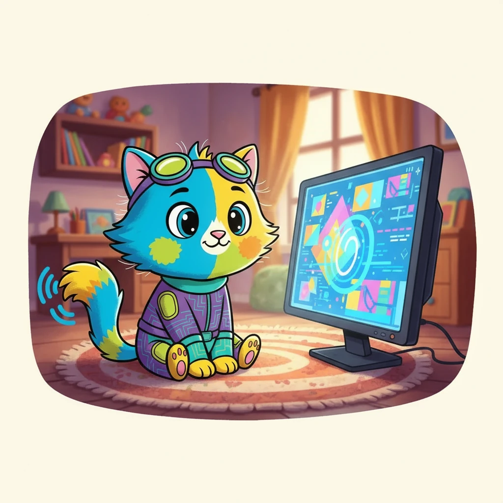 У затишній кімнаті, на м'якому килимі, сидів рудий котик Пухнастик. Його великі очі з цікавістю дивилися на яскравий екран комп'ютера. Шерсть котика стояла дибки, ніби він ось-ось мав стрибнути у невідоме.