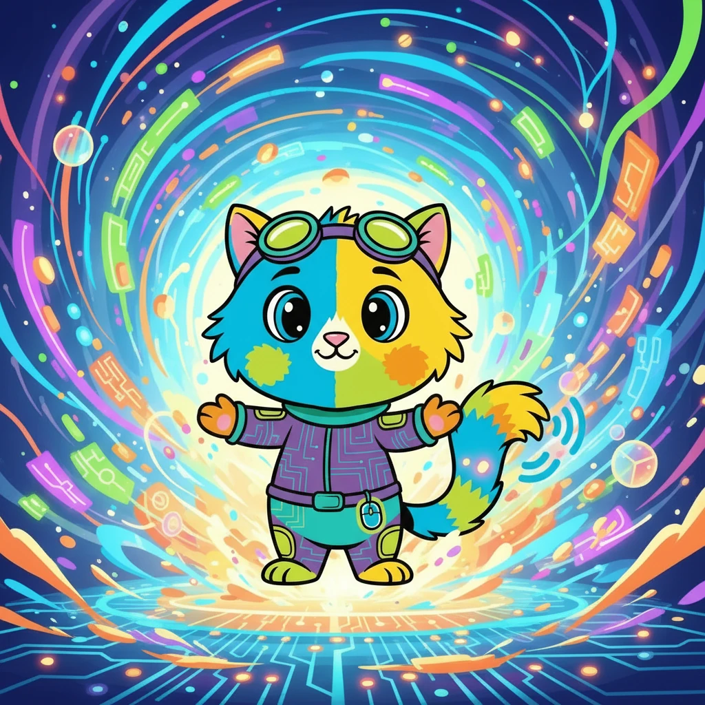 Раптом Пухнастик натиснув на кнопку, і його улюблене заняття, Цифровий Стрибок у Мережу, розпочалося! Він опинився у блискучому цифровому світі, де все було новим і захопливим. Навколо вирували кольорові потоки даних.