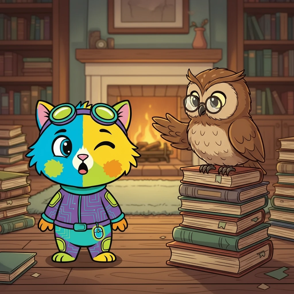 Зненацька з'явилася Бабуся-Сова, мудра сова з окулярами на носі, яка сиділа на стосі книг. Вона спокійно сказала: "Обміркуй двічі, натисни один раз!" Пухнастик здивовано кліпнув.