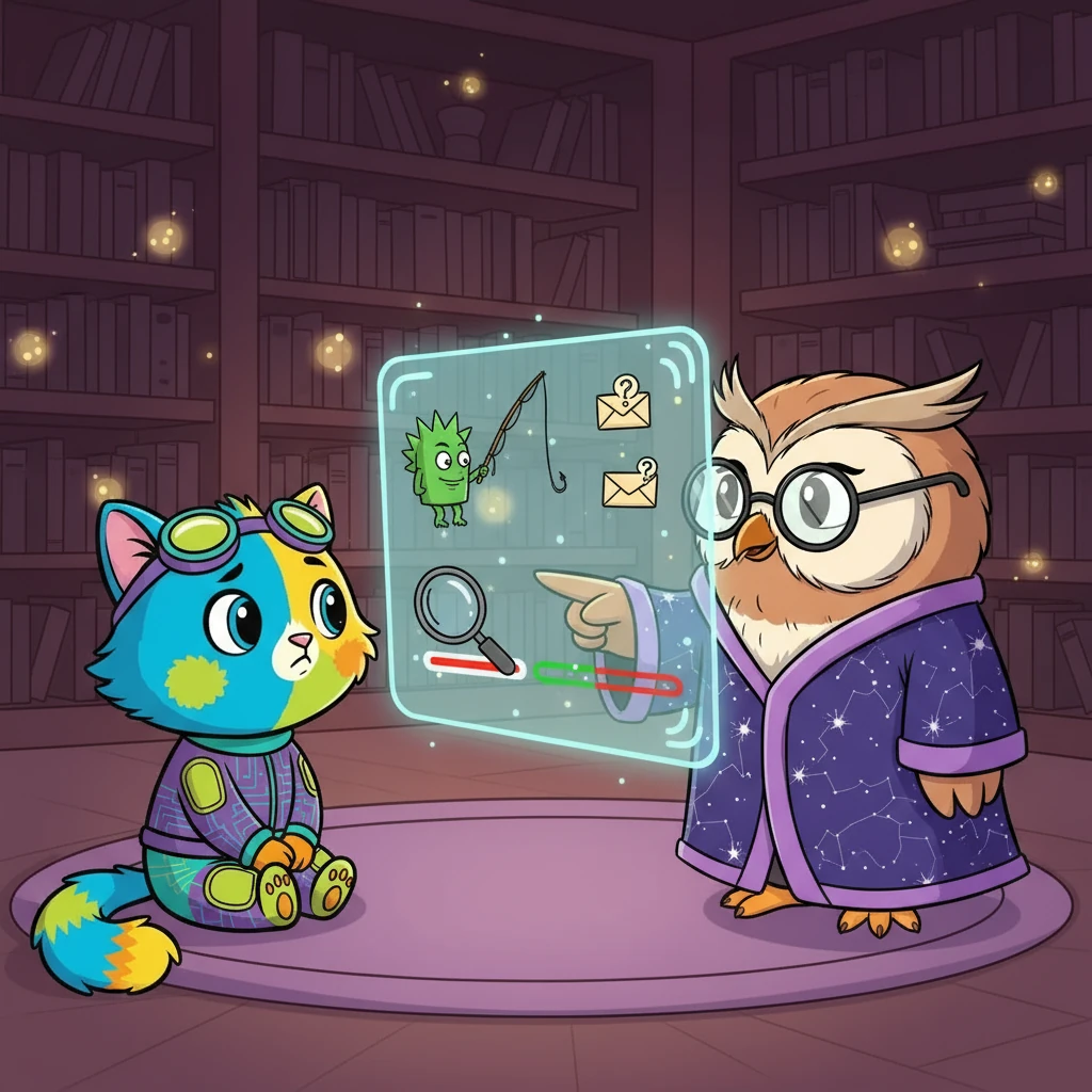 Бабуся-Сова пояснила Пухнастику про небезпеки, які можуть чекати в мережі, як-от фішинг. Вона показала йому, як розпізнавати підозрілі посилання та уникати шахраїв. Пухнастик уважно слухав.