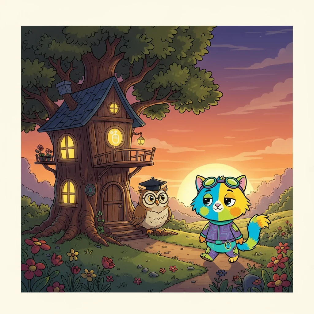 Наприкінці дня, коли сонце сідало, Пухнастик повернувся додому, втомлений, але задоволений. Він зрозумів, що Інтернет – це чудовий світ, але важливо бути обачним. Бабуся-Сова посміхнулася, знаючи, що її учень тепер готовий до нових пригод.