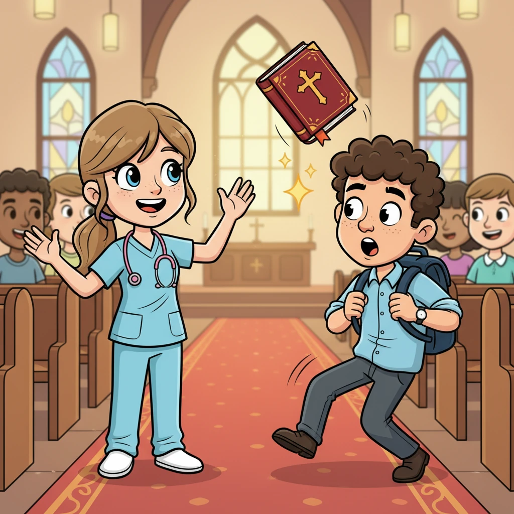 Beth, with her light brown hair shining, smiled warmly as she greeted fellow churchgoers. Across the aisle, Matt, holding his backpack, accidentally stumbled, sending a hymn book flying. Their eyes met in a moment of playful surprise, a spark igniting between the young nurse and the diligent law student.