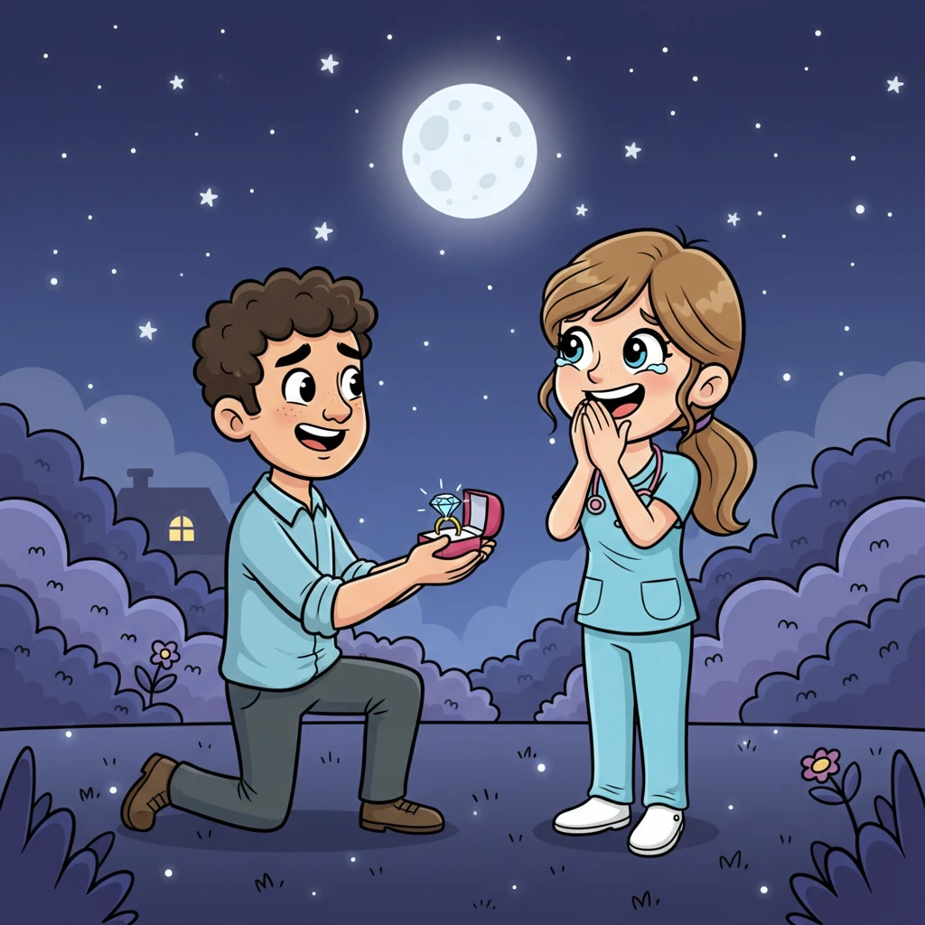 One evening, under a sky full of twinkling stars, Matt got down on one knee. With a nervous but hopeful smile, he presented a sparkling ring to a teary-eyed Beth. Her joyful "Yes!" filled the air, sealing their promise of forever.