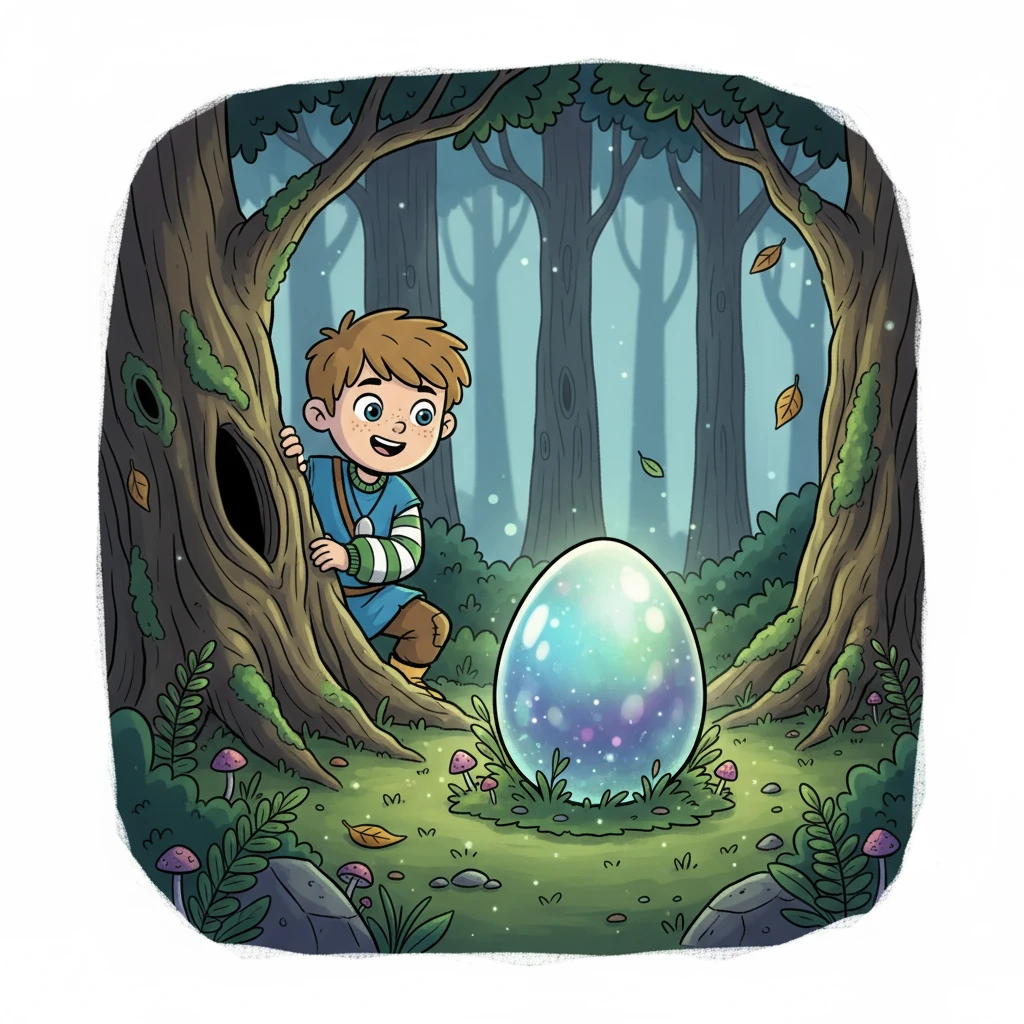Squire, a young boy with bright eyes and a curious spirit, lived in a quaint medieval village nestled beside an enchanted forest. One day, he crept into the woods, his heart pounding with excitement, and stumbled upon a giant, shimmering egg hidden in a mossy clearing. He knew he had to protect it.