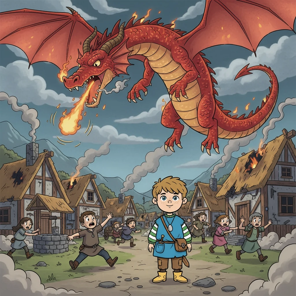 Suddenly, a shadow fell over the village. A fearsome red dragon, its scales like burning embers, soared through the sky, its roar echoing through the valley. Villagers ran for cover, their homes trembling from the dragon's fiery breath. Fear gripped the heart of the village.