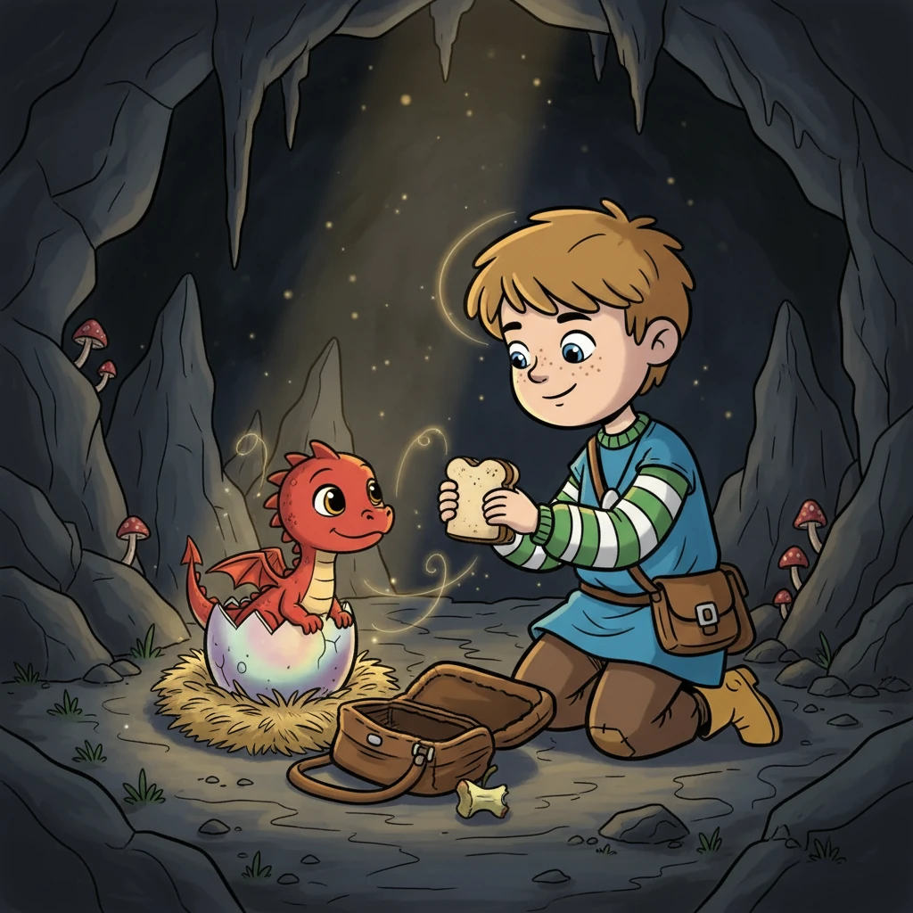 The next day, Squire returned to the cave and found the egg had hatched. A tiny, red dragon, no bigger than his arm, blinked at him. Squire, without hesitation, shared his lunch with the baby dragon, a bond forming between them.