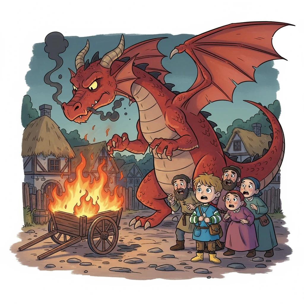 Later that day, the red dragon returned, its anger evident. It landed near the village and, in a moment of fury, scorched a villager's cart. The villagers watched, helpless and afraid, as the dragon's rage continued to smolder.