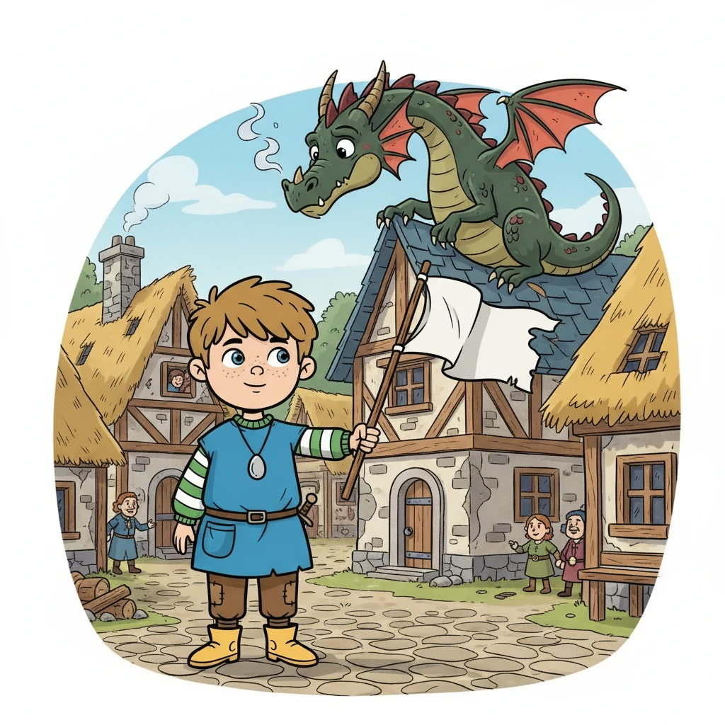 Squire, filled with a newfound courage, walked into the village square, holding a white flag made from his own shirt. He stood alone, facing the dragon, a symbol of peace in his small hands, hoping to stop the violence.