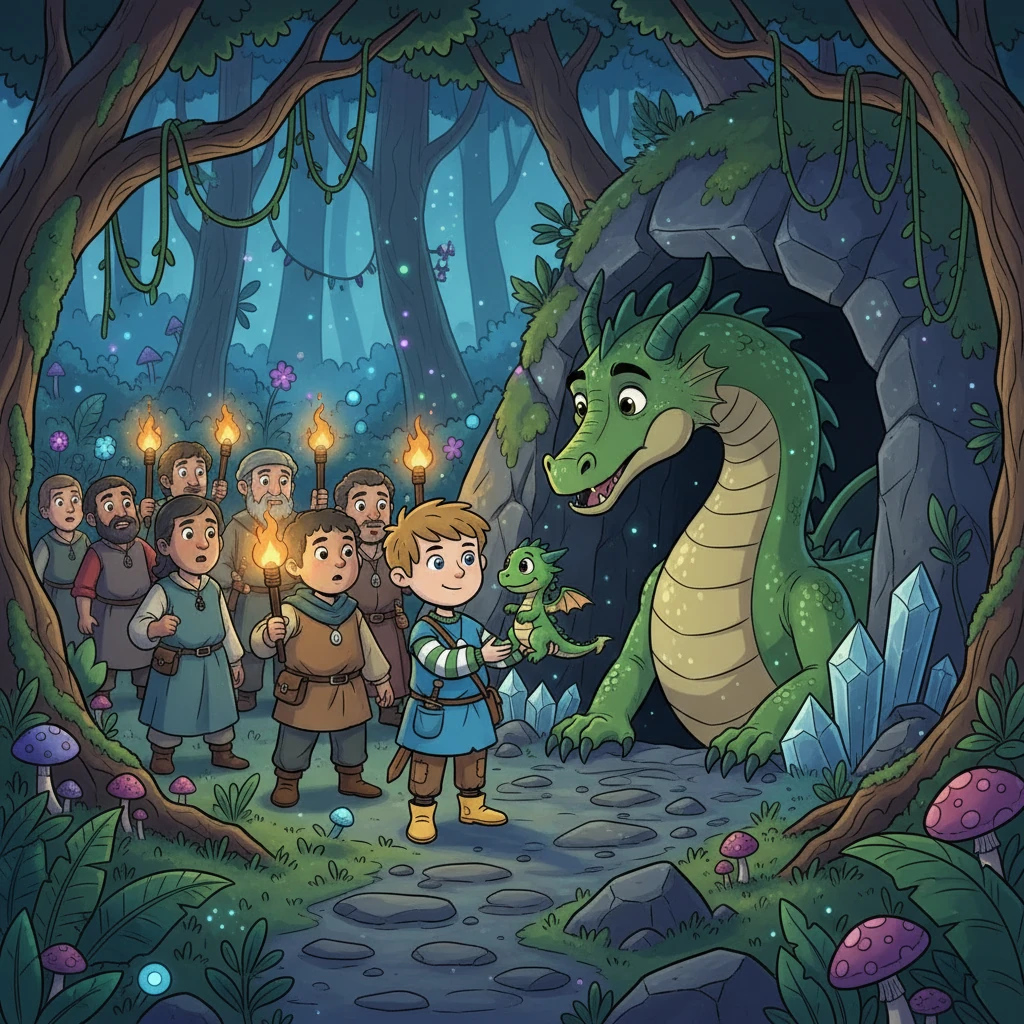 Moved by Squire's bravery, the villagers followed him, armed with torches, into the enchanted forest. They reached the cave, where Squire introduced the baby dragon to its mother, hoping for a peaceful resolution.
