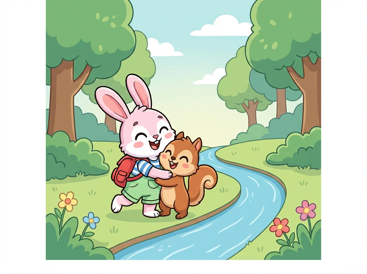 Akhirnya, mereka menemukan sungai yang mengarah ke tepi hutan. Mereka sangat senang dan berpelukan erat.