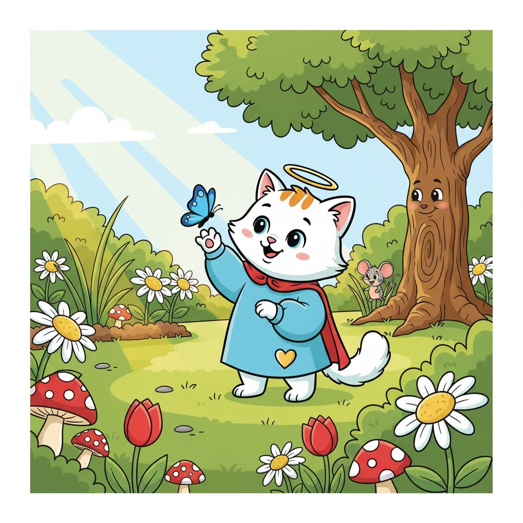 Macsi was a fluffy, ginger cat with the softest fur and the biggest, greenest eyes. She loved to play in the sunbeams and chase butterflies in the garden. But more than anything, Macsi loved to be kind to everyone, from the smallest mouse to the tallest tree.