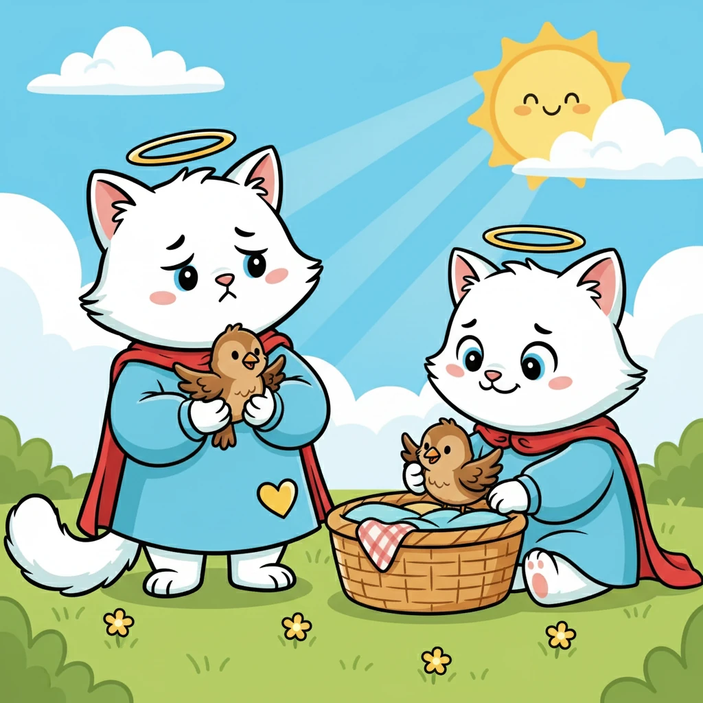 One sunny morning, Macsi found a little bird with a broken wing. Gently, she scooped it up and carried it back to her cozy basket. She stayed by the bird's side, keeping it warm and safe.