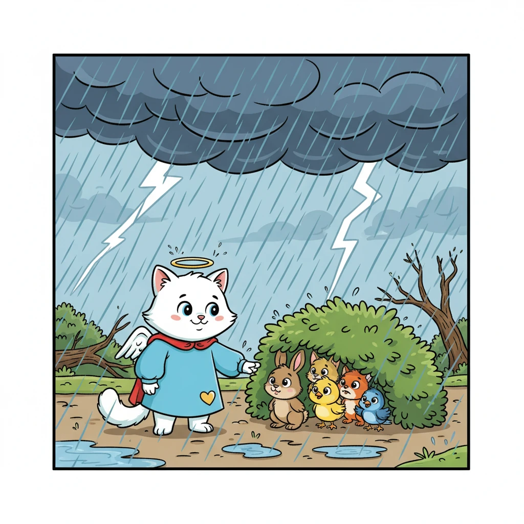 One day, a terrible storm raged through the land. Many animals were scared and lost. Macsi, braving the wind and rain, helped them find shelter and safety.