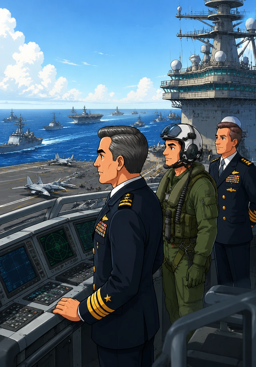 Captain Nathanel Yelland stands on the bridge of the massive USS Nimitz, his gaze fixed on the endless blue of the Pacific during the RIMPAC exercises. The modern fleet stretches out behind him, a testament to contemporary naval power under a vast, pale sky.