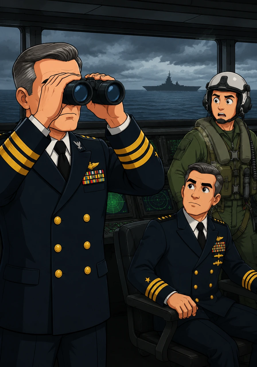 Raising his binoculars, Yelland spots a dark silhouette breaking the empty horizon where no ship should be. His brow furrows as the shape takes a familiar yet impossible form, defying every radar report on his screens.