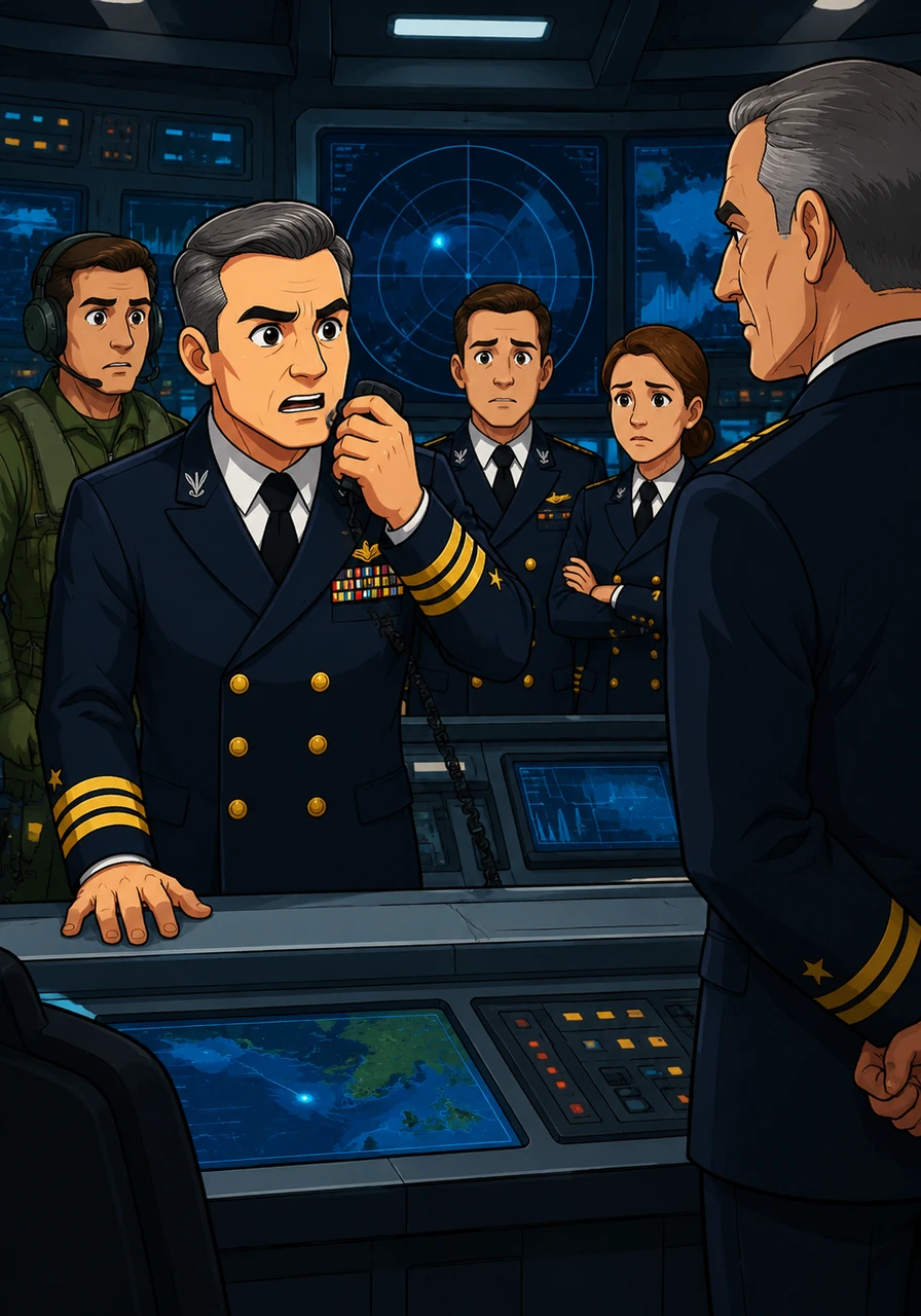 Inside the high-tech command center, Yelland speaks into his radio, his voice tight with disbelief as he reports the visual contact to Admiral Shane. The bridge crew exchanges uneasy glances, sensing the tension radiating from their captain.