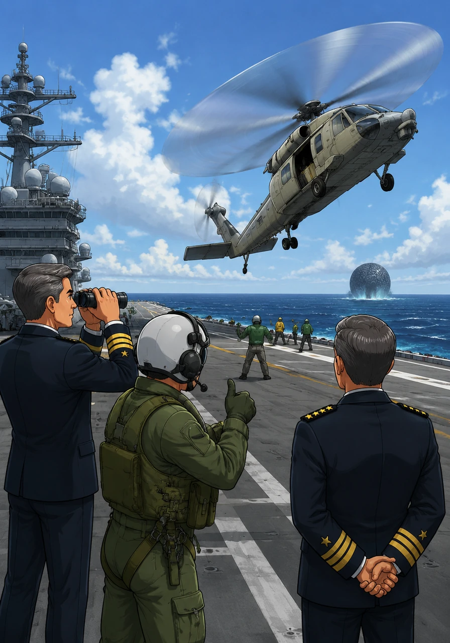 On the bustling flight deck of the Nimitz, a Seahawk helicopter’s rotors begin to blur into a silver disc against the sky. With a powerful surge, the aircraft lifts off, banking sharply toward the mysterious contact drifting in the distance.