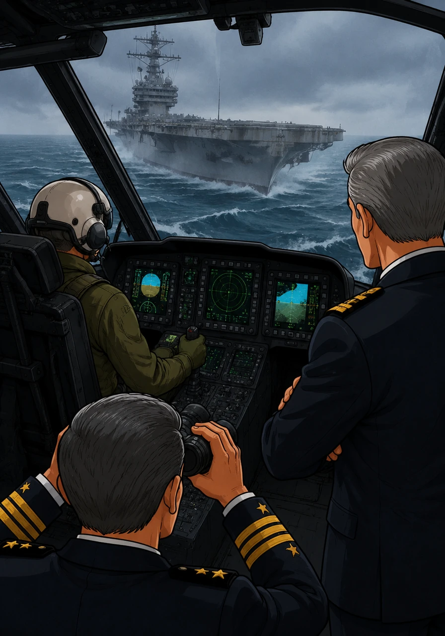 The Seahawk pilot flies low over the rolling waves, the modern cockpit displays contrasting with the aged vessel looming ahead. The ship appears like a gray ghost, its straight deck and tall island structure belonging to a forgotten era of warfare.