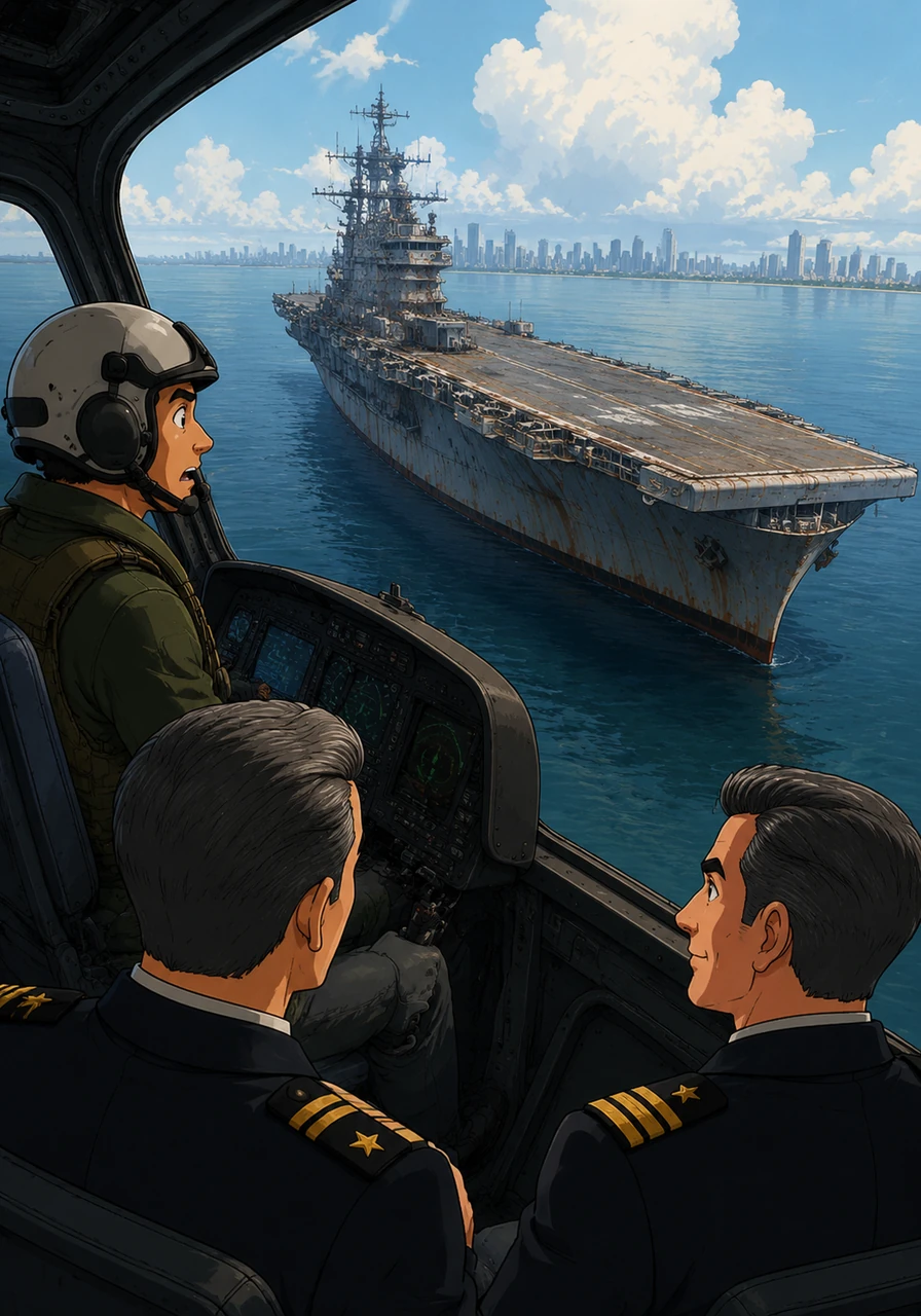 As the helicopter circles the massive hull, the pilot sees the weathered steel and the distinctive lines of a Yorktown-class carrier. It sits silent and majestic in the water, untouched by the modern world surrounding it.