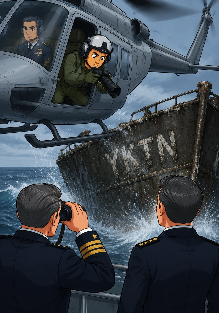 The helicopter dips closer to the bow, where the pilot’s camera focuses on the faded white lettering. The letters YKTN emerge through the salt spray, confirming the impossible identity of the ship lost decades ago at the Battle of Midway.
