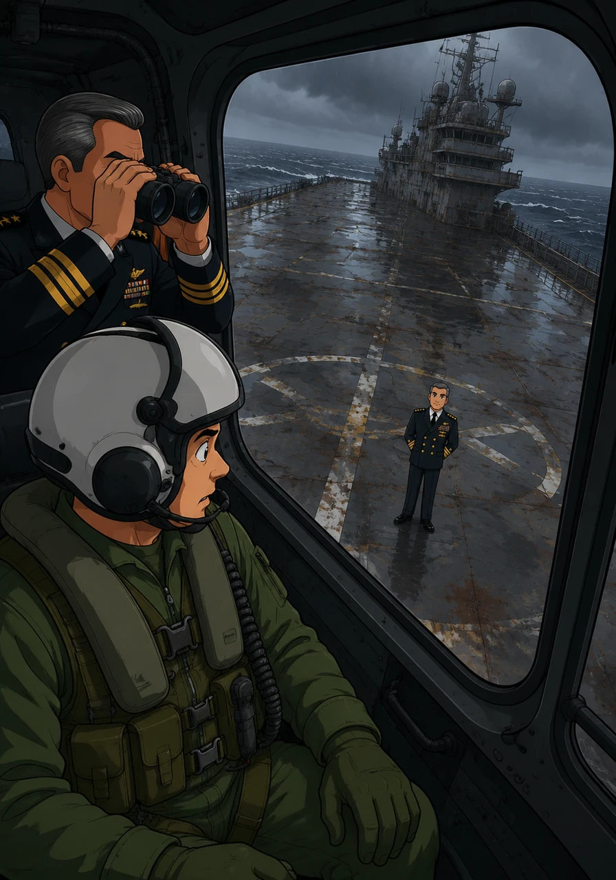 Through the helicopter's side window, the pilot spots a solitary figure standing motionless on the vast, empty flight deck of the ghost ship. The figure seems to be waiting, a silent sentinel watching the modern aircraft approach.
