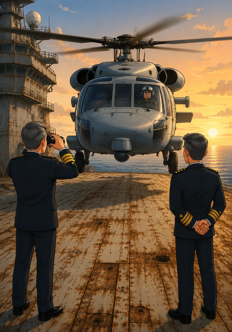 The Seahawk slowly descends toward the rusted deck of the Yorktown, its wheels hovering just inches above the history-steeped planks. As the two eras finally meet, the ocean remains still, holding the secrets of the past close to its heart.