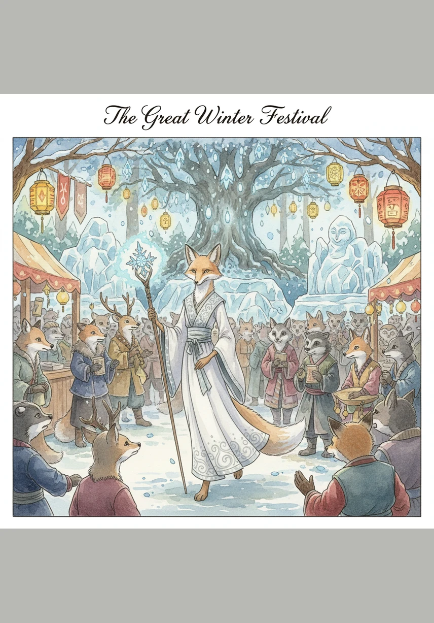 On the night of the Great Winter Festival, the pond was lit by hundreds of glowing lanterns and the stars sparkled brightly overhead. Ella took a deep breath, ignored the nervous fluttering in her tummy, and glided confidently into the center of the ice.
