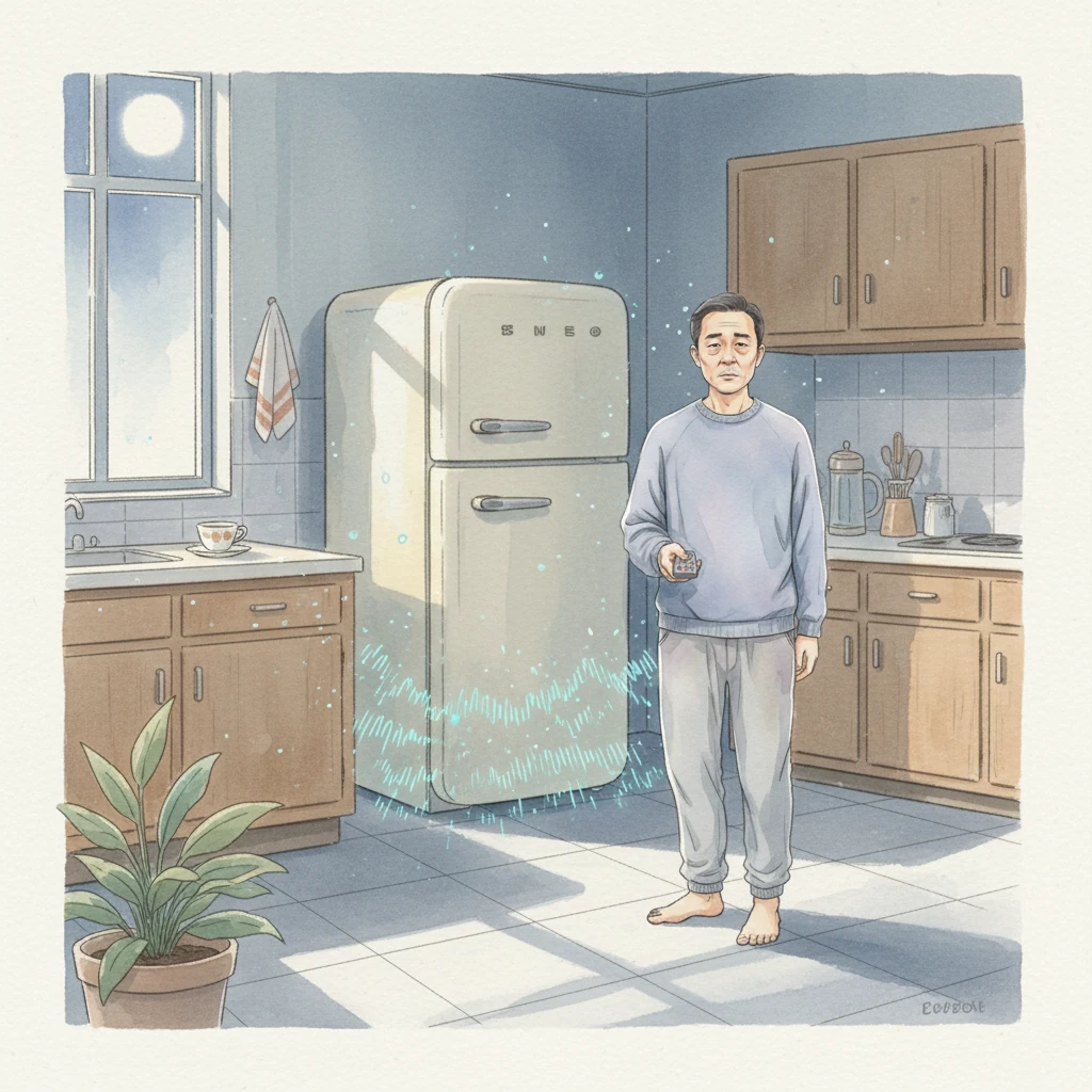 厨房的方向传来一丝若有若无的声响，不是老鼠那种窸窣的抓挠，更像是某种沉重的东西在内部极其缓慢地移动，伴随着一阵低沉、规律、令人牙酸的嗡鸣。是冰箱，它又开始了。那种声音，像一颗冰冷的心脏在黑暗中搏动。