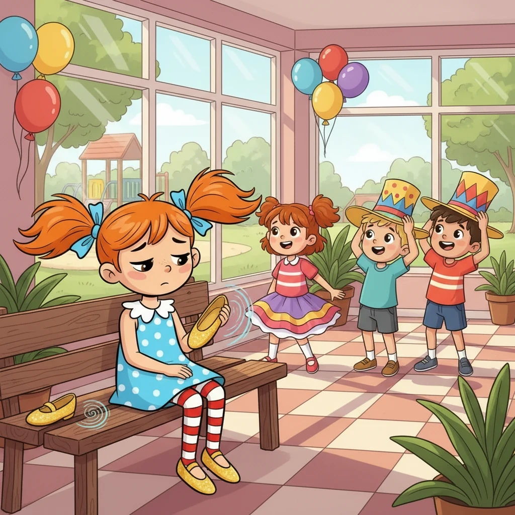 У сонячному дитячому садку всі готувалися до свята танців. Дівчатка приміряли яскраві спіднички, а хлопчики з гордістю приміряли капелюхи. Тільки Софійка сиділа на лавці, сумно дивлячись на свій блискучий черевичок.