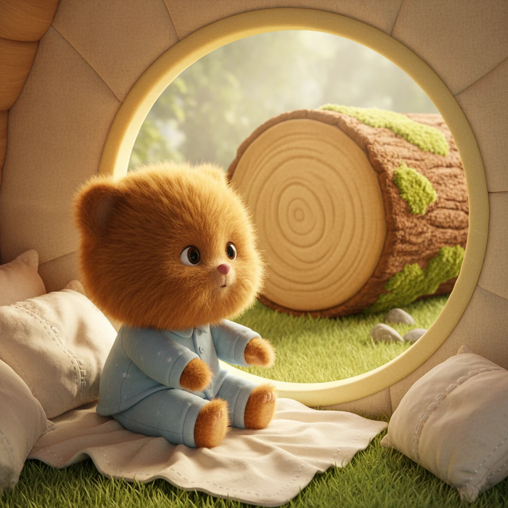 Lila the cub wakes up in her cozy, soft bed. Her fur feels warm and fuzzy. She sees a big, rounded log outside her den. It looks like a fun place to play.