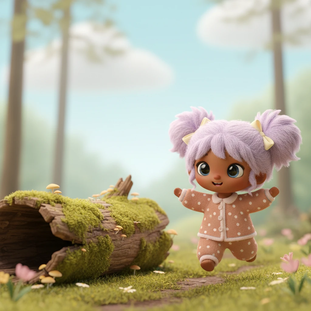 Lila stretches her tiny paws and runs to the log with a happy bounce. The log is old and brown, covered in soft moss. She wants to play a fun game of climb and jump.
