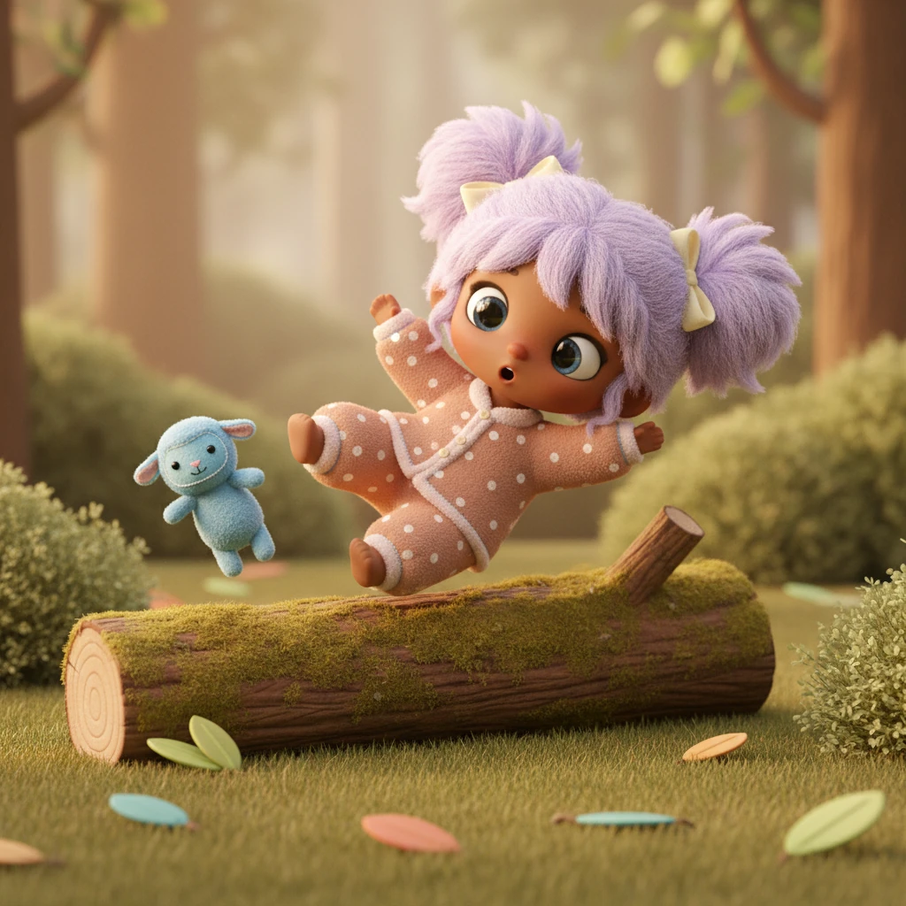 Lila tries to jump over the log with all her might. Her little legs push hard, but her balance is tricky. Oh no, she tumbles with a tiny, soft fall!