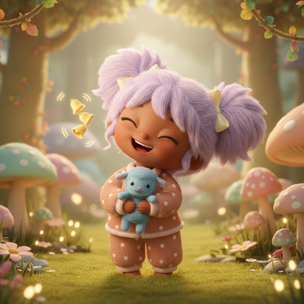 Lila is not hurt at all, just a little surprised. She giggles a little, her round face crinkling. Then, she hears a soft, musical "ding-dong" bell sound.