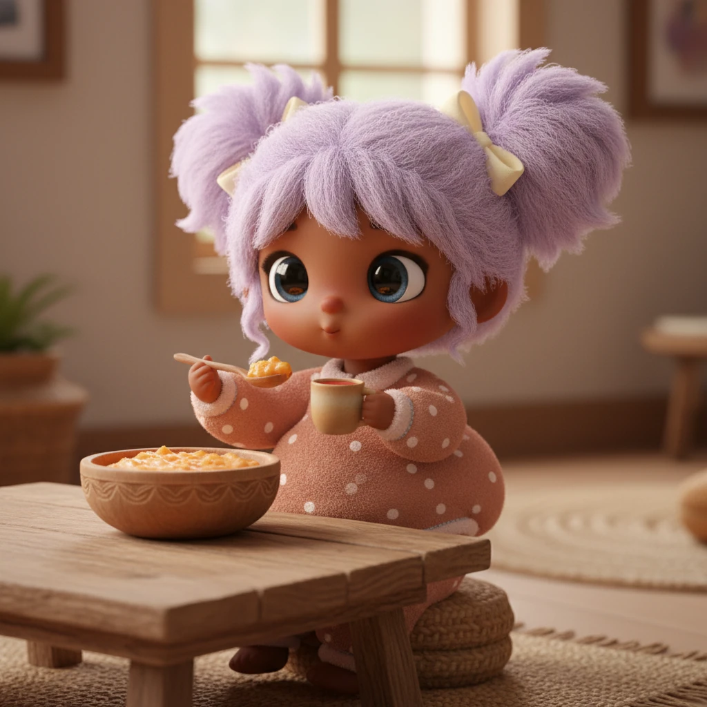 At lunch, Lila eats a yummy, warm meal from a wooden bowl. She takes big bites and sips sweet juice from a small cup. Her little tummy starts to fill up, feeling round and content.