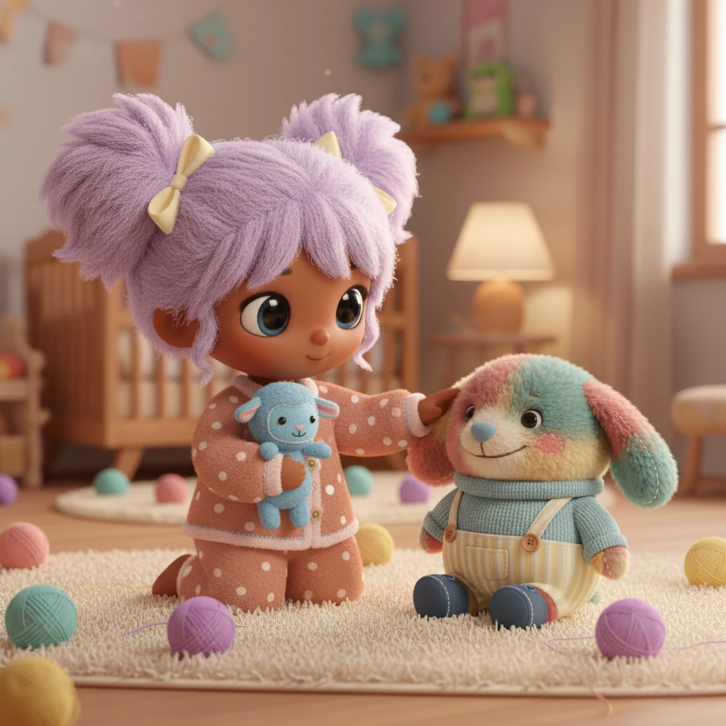 After eating, Lila finds her favorite, cuddly doll. The doll has soft, plush fur and big, kind eyes. Lila loves her doll very, very much.