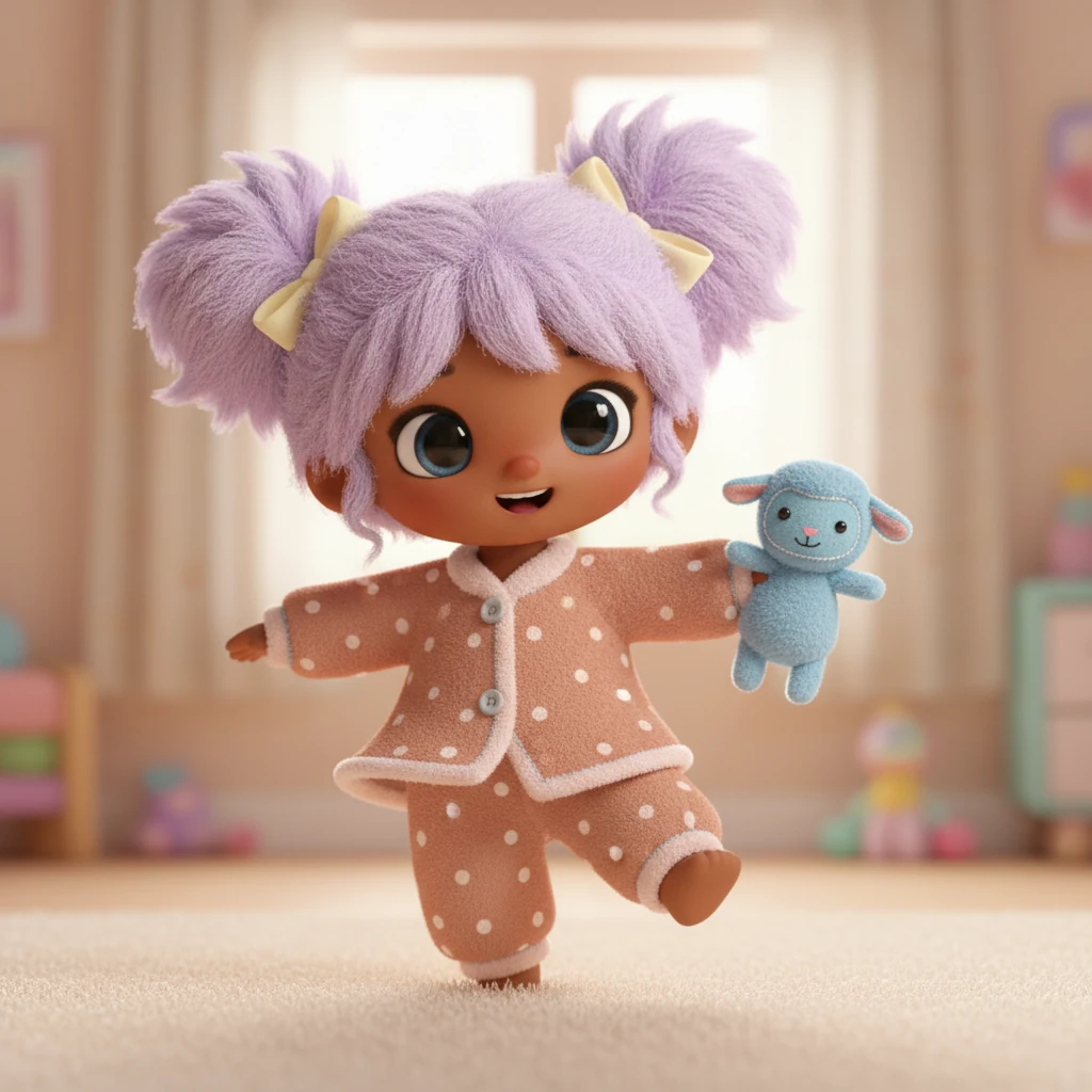 Lila holds her doll close, giving her a gentle hug. She gives the doll a playful pull to make her 'dance' and spin. They have a lot of fun together, twirling around.