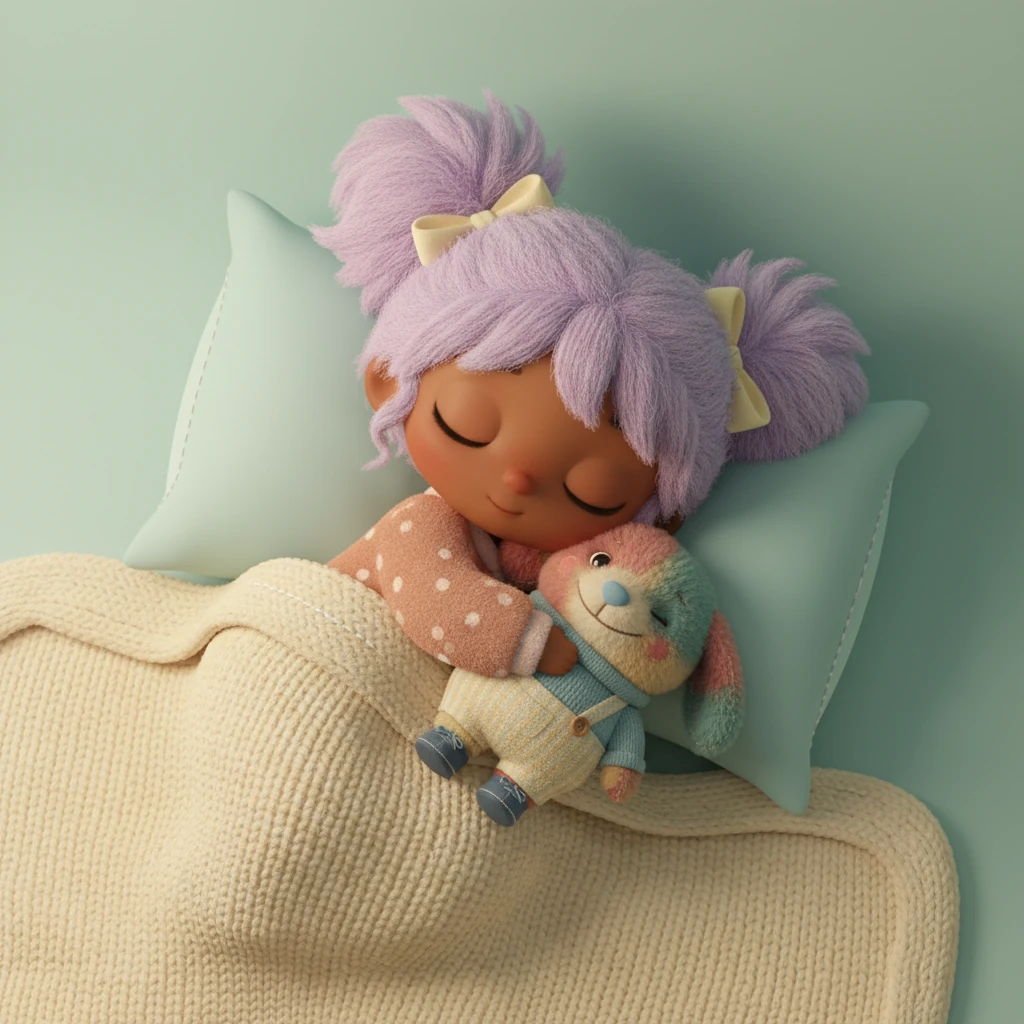 Lila and her doll cuddle close together, nestled in a soft blanket. They nap together by the smooth, pastel wall of her den. Sweet dreams fill their quiet, peaceful rest.