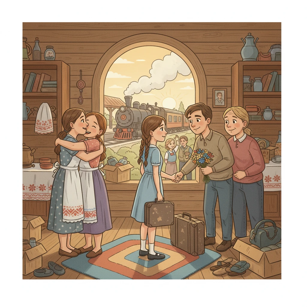 Настя принимает важное решение. Она пакует чемоданы и готовится к возвращению домой.  Ее друзья и коллеги провожают ее с улыбками и пожеланиями удачи.  В душе у нее одновременно и радость, и легкая грусть от расставания.